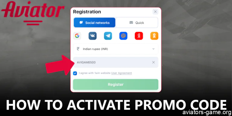 Instructions on Aviator promo code activation on 1win